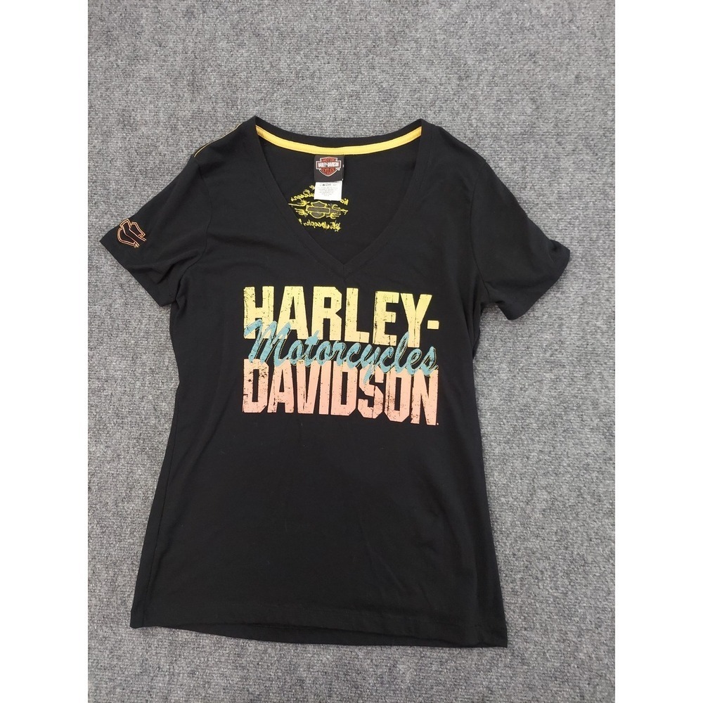 Harley Davidson tee Shirt Women Medium Black Spellout Fitted V Neck Short Sleeve
